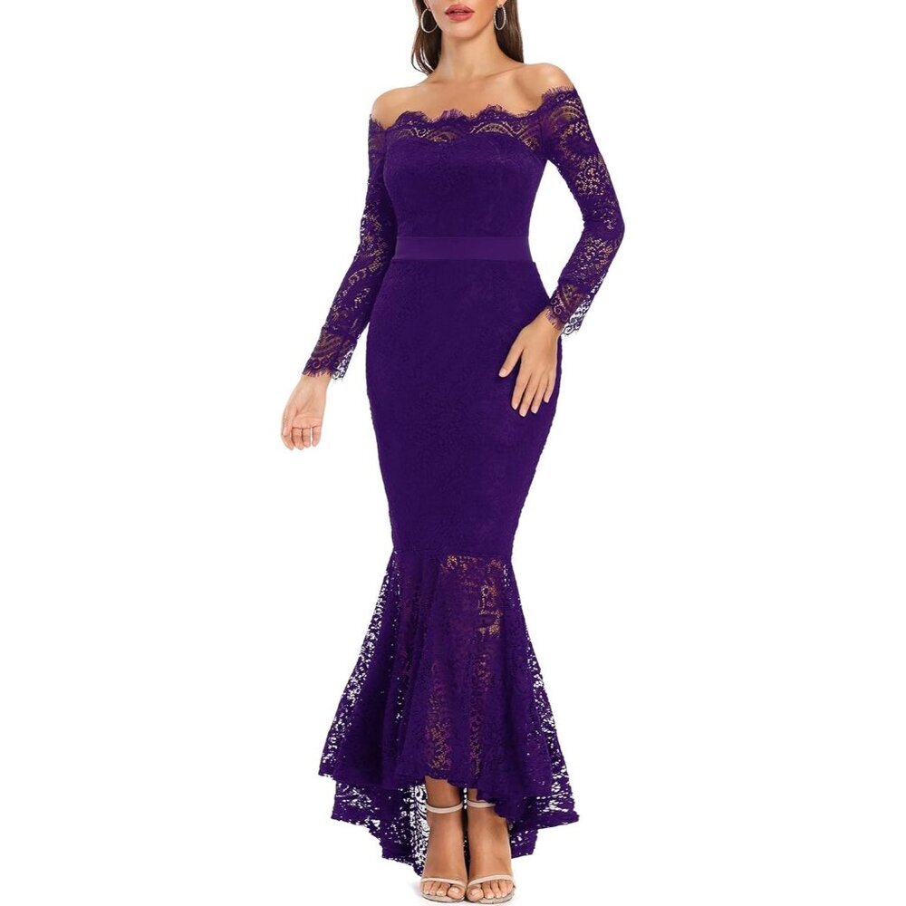 Women's Floral Lace Long Sleeve Off Shoulder Wedding Mermaid Dress Blue Elegant